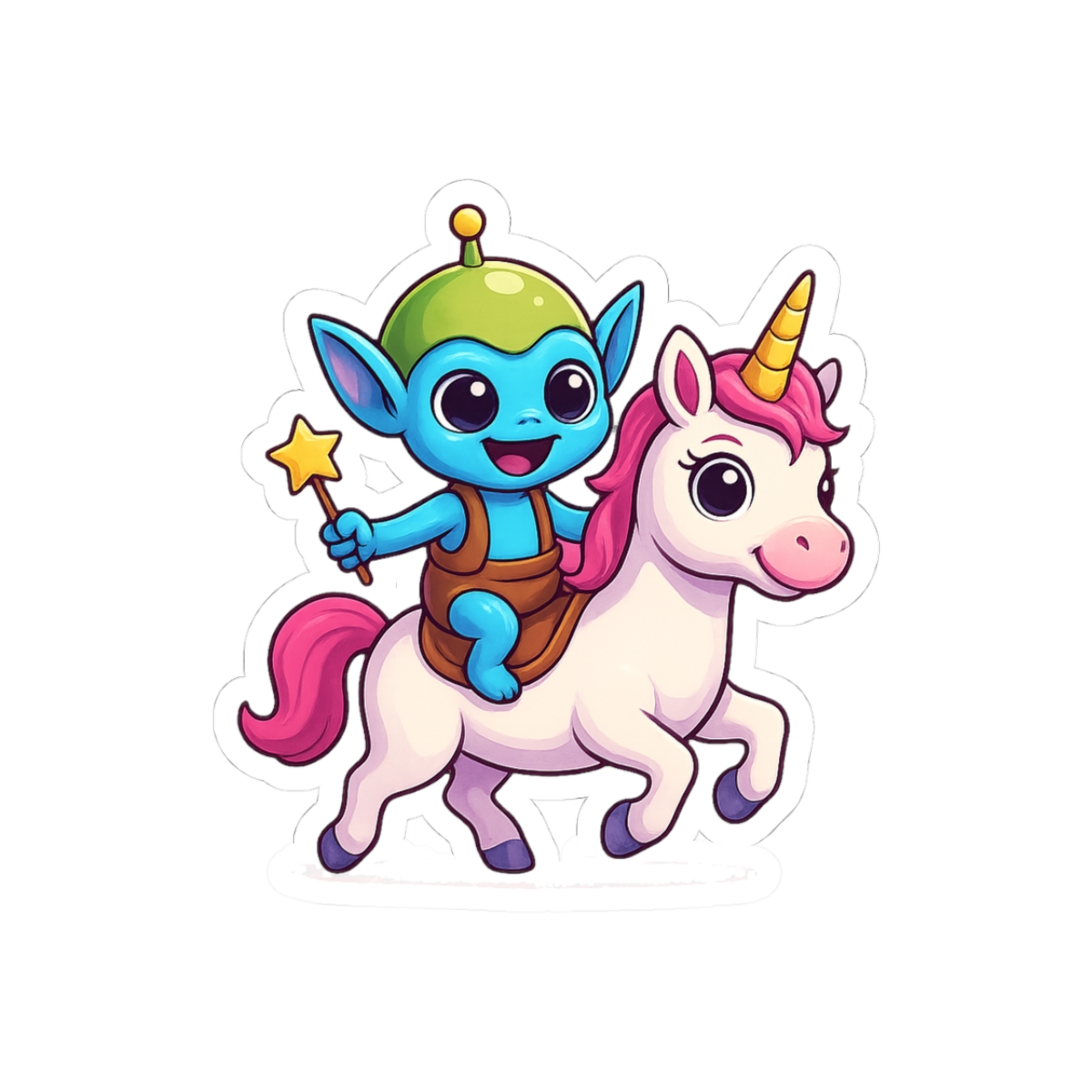 Cute Space Alien Riding Unicorn Funny Sticker